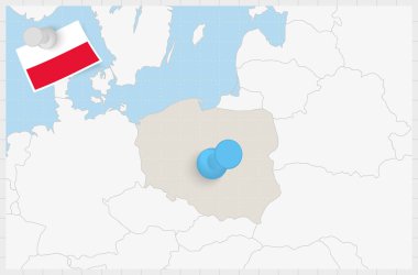 Map of Poland with a pinned blue pin. Pinned flag of Poland.