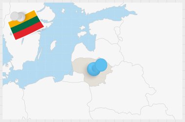 Map of Lithuania with a pinned blue pin. Pinned flag of Lithuania.