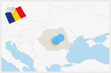 Map of Romania with a pinned blue pin. Pinned flag of Romania.
