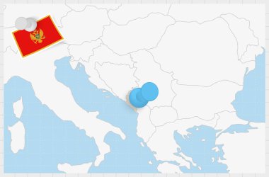 Map of Montenegro with a pinned blue pin. Pinned flag of Montenegro.
