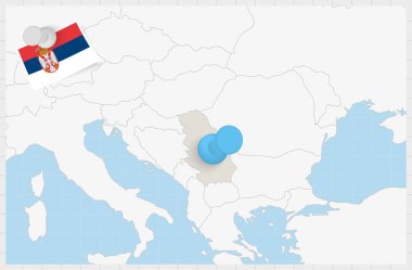 Map of Serbia with a pinned blue pin. Pinned flag of Serbia.