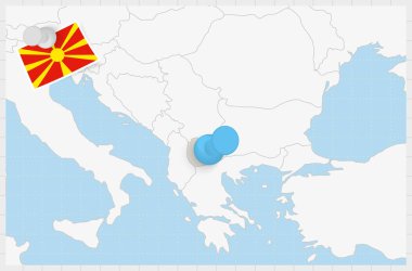 Map of Macedonia with a pinned blue pin. Pinned flag of Macedonia.