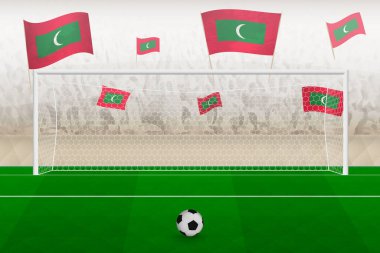 Maldives football team fans with flags of Maldives cheering on stadium, penalty kick concept in a soccer match.