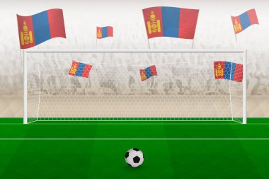 Mongolia football team fans with flags of Mongolia cheering on stadium, penalty kick concept in a soccer match.