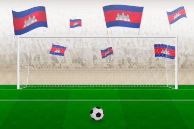 Cambodia football team fans with flags of Cambodia cheering on stadium, penalty kick concept in a soccer match.