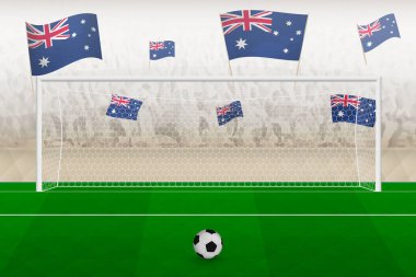 Australia football team fans with flags of Australia cheering on stadium, penalty kick concept in a soccer match.