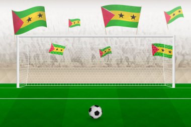Sao Tome and Principe football team fans with flags of Sao Tome and Principe cheering on stadium, penalty kick concept in a soccer match.