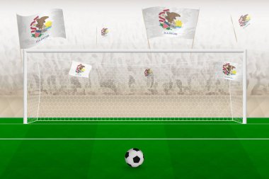 Illinois football team fans with flags of Illinois cheering on stadium, penalty kick concept in a soccer match.