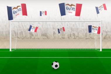 Iowa football team fans with flags of Iowa cheering on stadium, penalty kick concept in a soccer match.