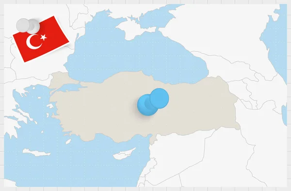 Mapa Turcji Przypiętym Niebieskim Pinezką Flaga Przywiązana Turcji — Wektor stockowy