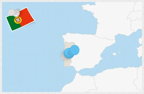 Mapa Portugalii Przypiętym Niebieskim Pinezką Flaga Portugalii Przypięta — Wektor stockowy