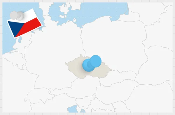 Mapa Republiki Czeskiej Przypiętym Niebieskim Pinezką Flaga Przypięta Republiki Czeskiej — Wektor stockowy