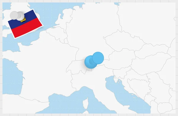 Mapa Liechtensteinu Przypiętym Niebieskim Pinezką Flaga Lichtensteinu — Wektor stockowy