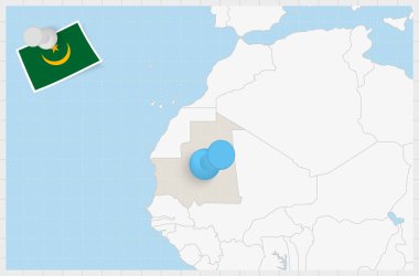 Map of Mauritania with a pinned blue pin. Pinned flag of Mauritania.