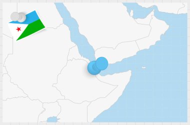 Map of Djibouti with a pinned blue pin. Pinned flag of Djibouti.