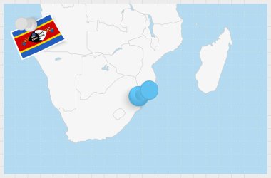 Map of Swaziland with a pinned blue pin. Pinned flag of Swaziland.