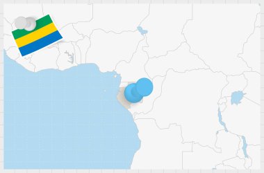 Map of Gabon with a pinned blue pin. Pinned flag of Gabon.