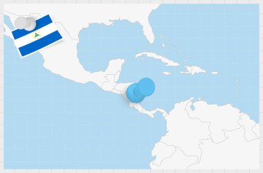 Map of Nicaragua with a pinned blue pin. Pinned flag of Nicaragua.