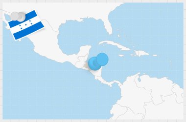 Map of Honduras with a pinned blue pin. Pinned flag of Honduras.