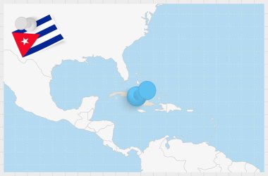 Map of Cuba with a pinned blue pin. Pinned flag of Cuba.