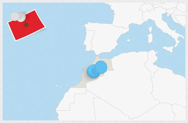 Карта Марокко Приколотой Голубой Булавкой Приколотый Флаг Марокко — стоковый вектор