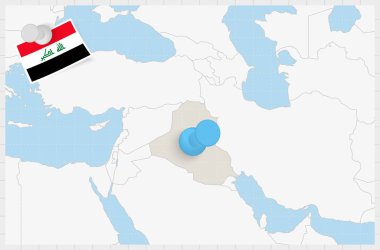 Map of Iraq with a pinned blue pin. Pinned flag of Iraq.