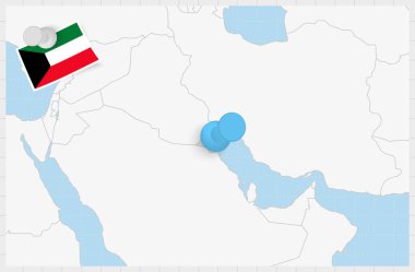 Map of Kuwait with a pinned blue pin. Pinned flag of Kuwait.