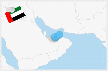 Map of United Arab Emirates with a pinned blue pin. Pinned flag of United Arab Emirates.