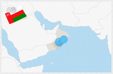 Map of Oman with a pinned blue pin. Pinned flag of Oman.