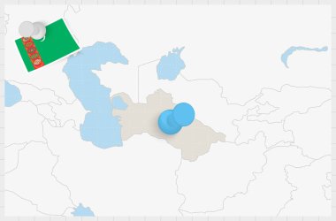 Map of Turkmenistan with a pinned blue pin. Pinned flag of Turkmenistan.