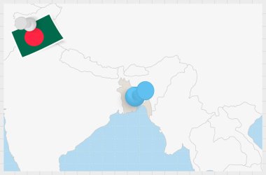 Map of Bangladesh with a pinned blue pin. Pinned flag of Bangladesh.