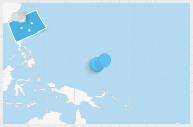 Map of Micronesia with a pinned blue pin. Pinned flag of Micronesia.