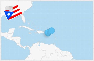 Map of Puerto Rico with a pinned blue pin. Pinned flag of Puerto Rico.