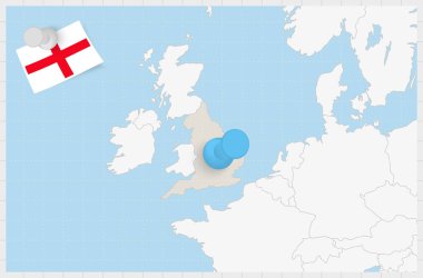 Map of England with a pinned blue pin. Pinned flag of England.