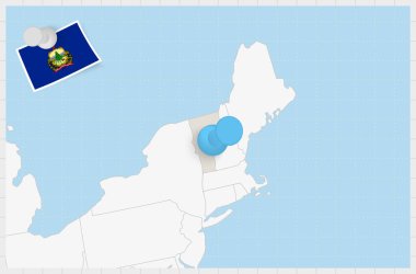 Map of Vermont with a pinned blue pin. Pinned flag of Vermont.