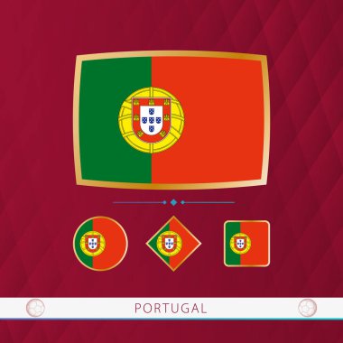 Set of Portugal flags with gold frame for use at sporting events on a burgundy abstract background. clipart