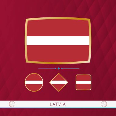 Set of Latvia flags with gold frame for use at sporting events on a burgundy abstract background.
