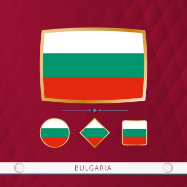 Set of Bulgaria flags with gold frame for use at sporting events on a burgundy abstract background.