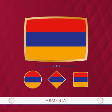 Set of Armenia flags with gold frame for use at sporting events on a burgundy abstract background.