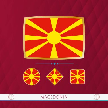 Set of North Macedonia flags with gold frame for use at sporting events on a burgundy abstract background.