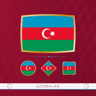 Set of Azerbaijan flags with gold frame for use at sporting events on a burgundy abstract background.