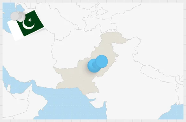 Mapa Pakistanu Przypiętą Niebieską Szpilką Flaga Pakistanu — Wektor stockowy