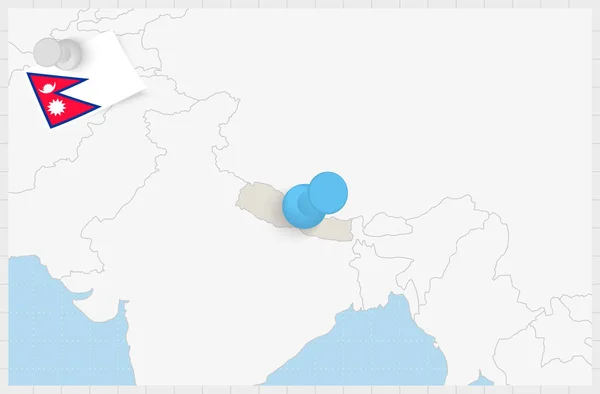 Mapa Nepalu Przypiętą Niebieską Szpilką Flaga Nepalu — Wektor stockowy