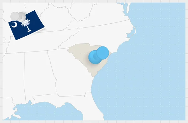 Mapa Karoliny Południowej Przypiętym Niebieskim Pinezką Flaga Karoliny Południowej Przypięta — Wektor stockowy