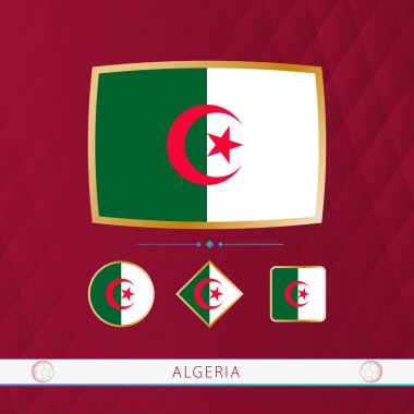 Set of Algeria flags with gold frame for use at sporting events on a burgundy abstract background.
