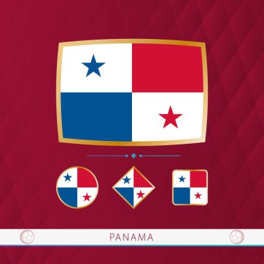 Set of Panama flags with gold frame for use at sporting events on a burgundy abstract background.