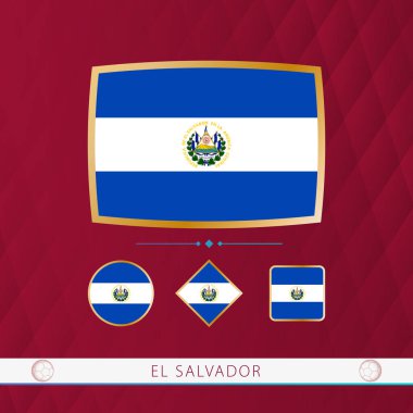 Set of El Salvador flags with gold frame for use at sporting events on a burgundy abstract background.