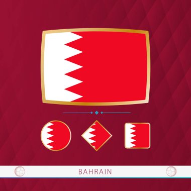 Set of Bahrain flags with gold frame for use at sporting events on a burgundy abstract background.