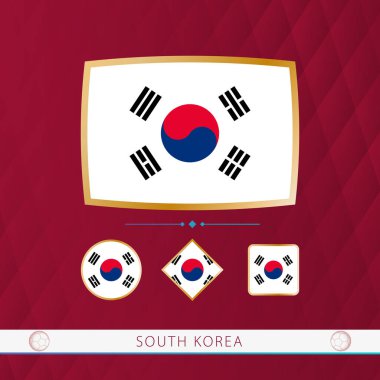 Set of South Korea flags with gold frame for use at sporting events on a burgundy abstract background.
