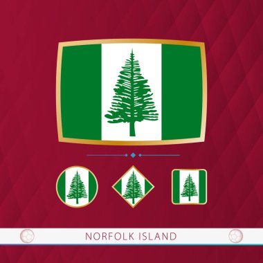 Set of Norfolk Island flags with gold frame for use at sporting events on a burgundy abstract background.